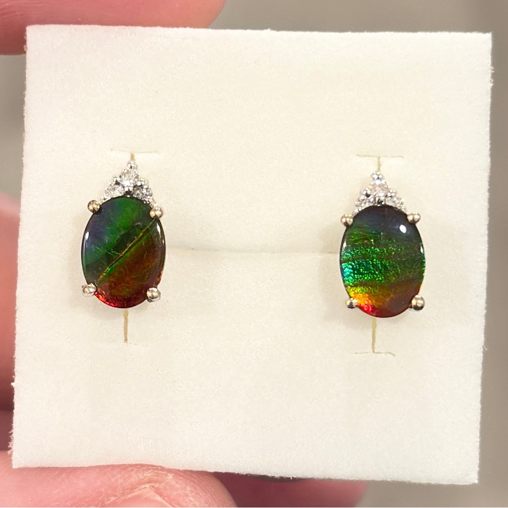 14K Ammolite Earrings Diamond Accent White Gold Rainbow AAA Oval Solitaire Studs - Picture 5 of 15